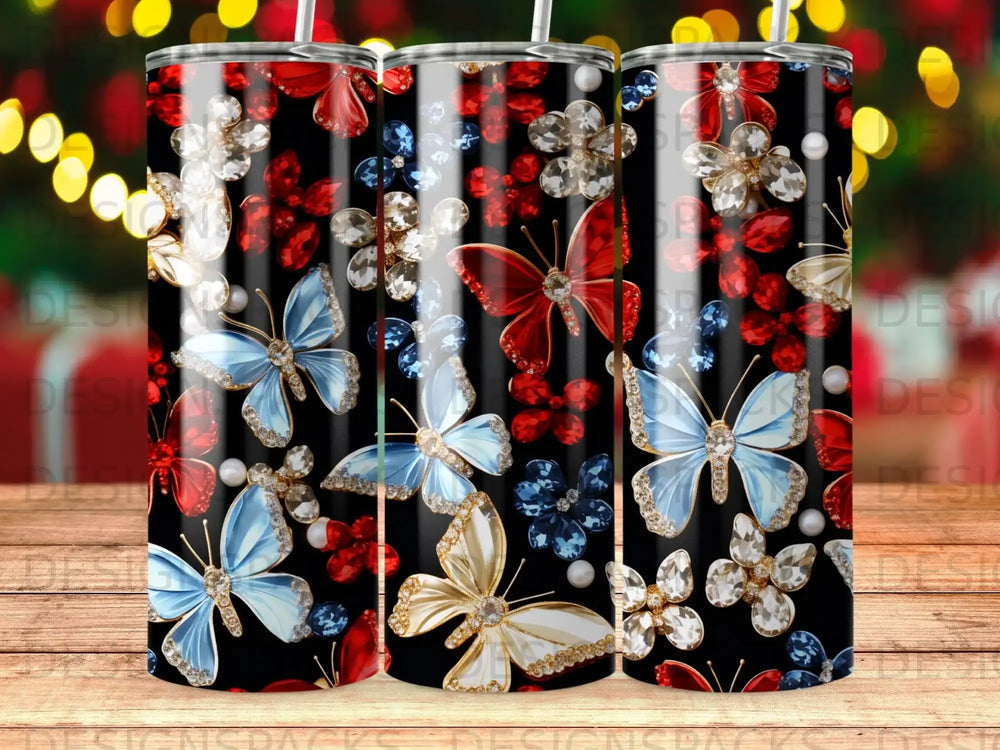 Glittering butterflies and floral gems on a black background with bokeh lights.