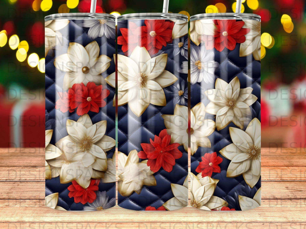 Quilted navy background with repeating floral patterns of white and red flowers.