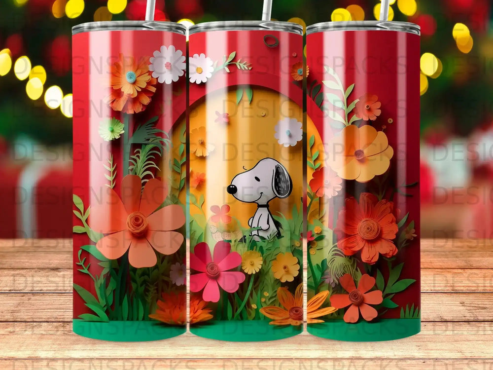 Snoopy character in a colorful garden scene on a stainless steel tumbler.