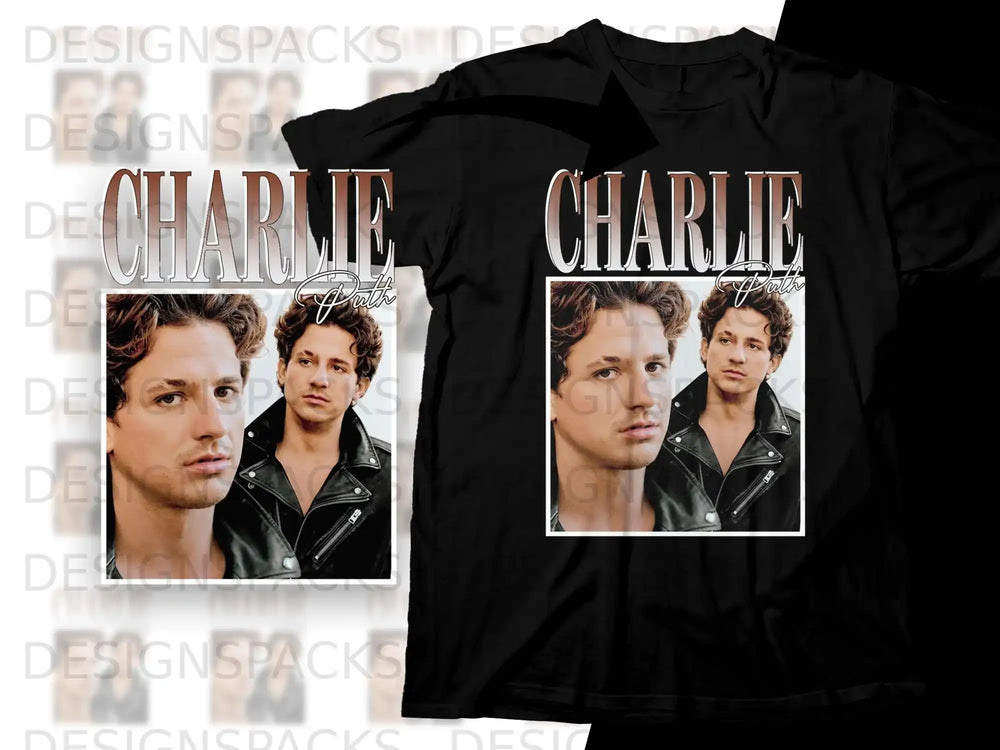 Charlie Puth portrait on a black t-shirt, "CHARLIE" text above.
