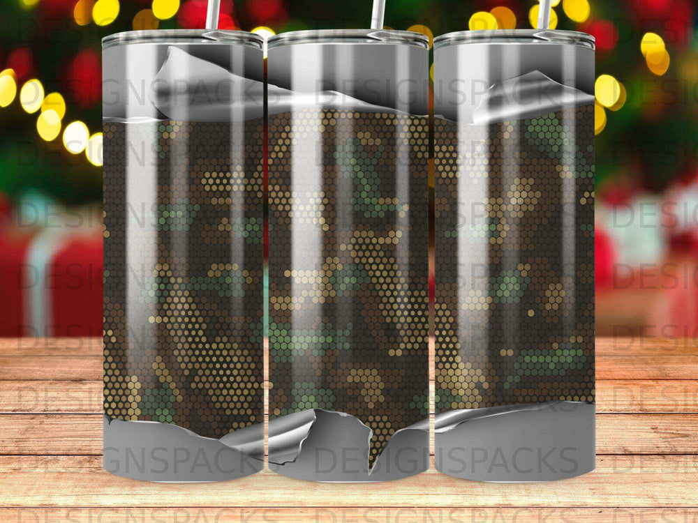 Camouflage pattern on a seamless tumbler wrap design.