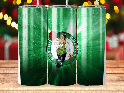 Boston Celtics logo on a green gradient tumbler with sunburst effect.