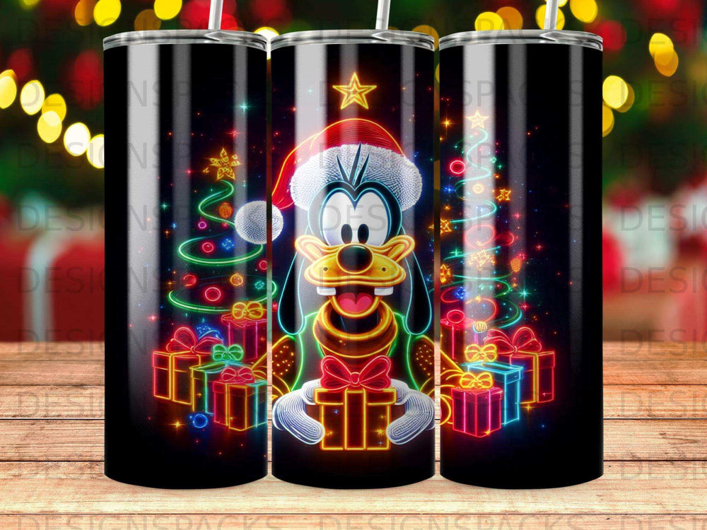 Goofy in Santa hat holding gift box with neon Christmas tree and presents.
