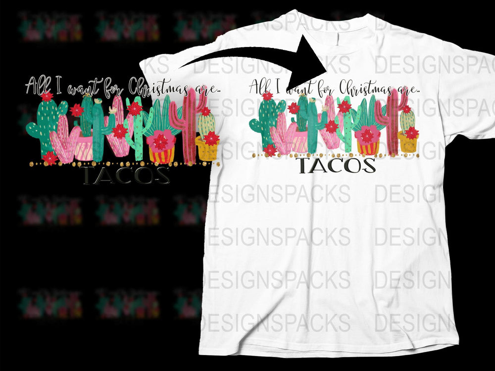 Festive Cactus Tacos Christmas T-Shirt, Holiday Fun Graphic Tee, Colorful Cactus Print, Unisex Party Shirt
