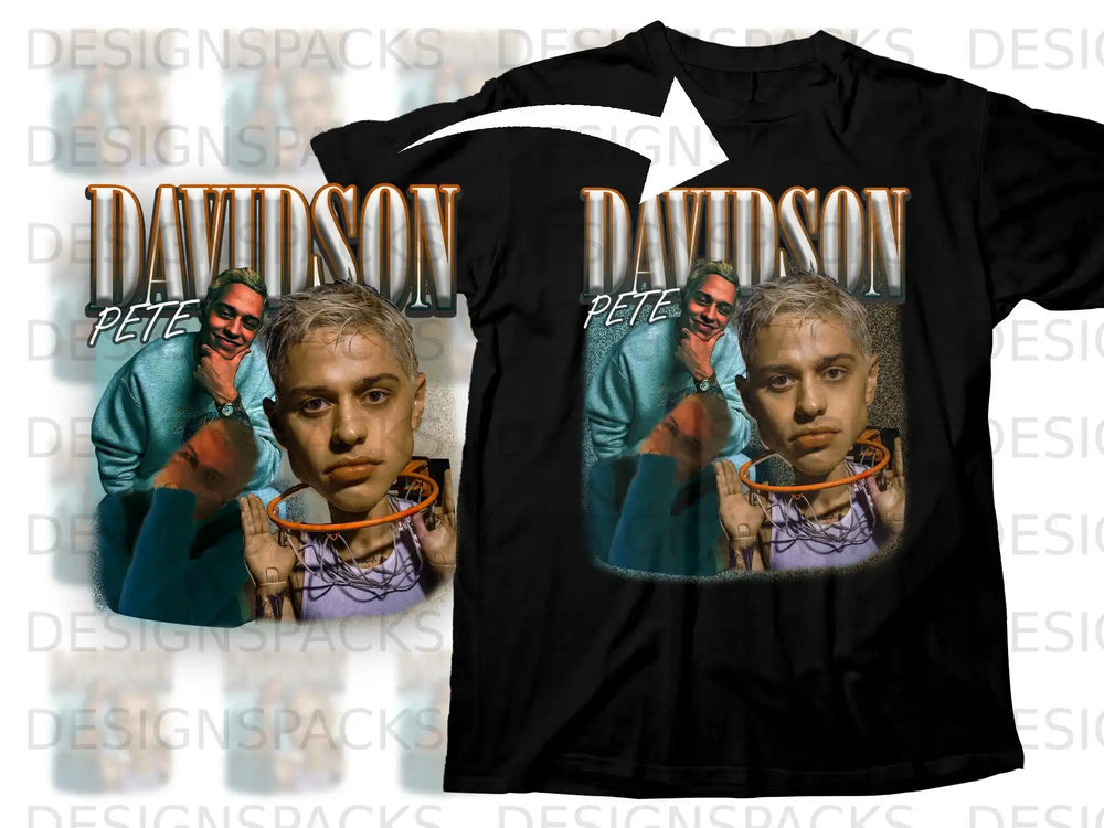 Black t-shirt mockup featuring "PETE DAVIDSON" graphic with vintage photo.