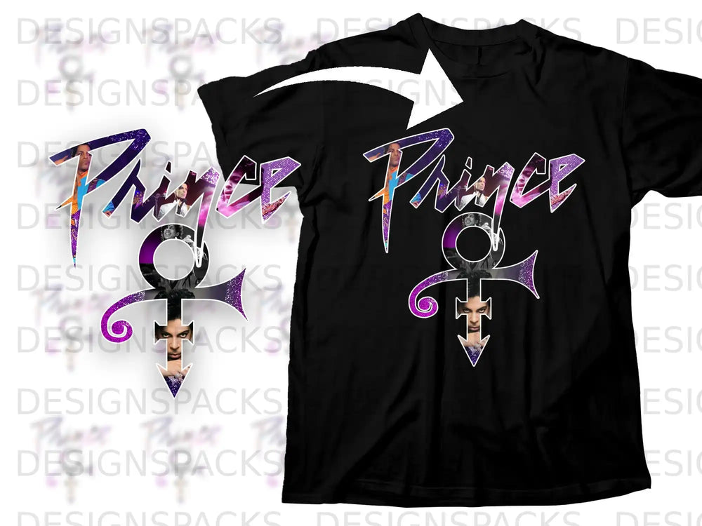 Black t-shirt with Prince symbol and purple "Prince" lettering.