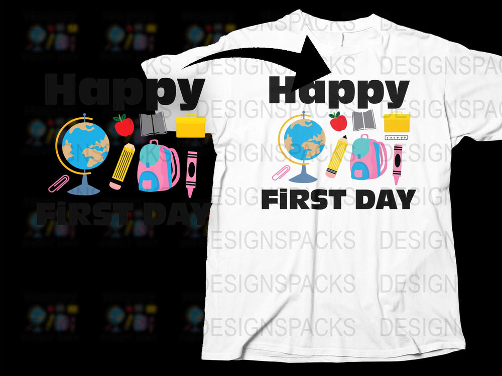 Happy First Day of School T-Shirt, Teacher and Student White Tee, Colorful School Supplies Design