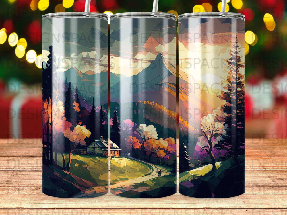 Landscape scene with cabin, trees, and mountains, on a tumbler.