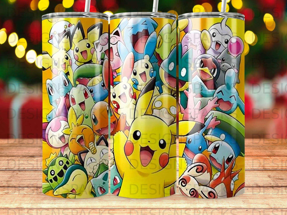 Pikachu and other Pokémon characters in a vibrant collage on a tumbler.