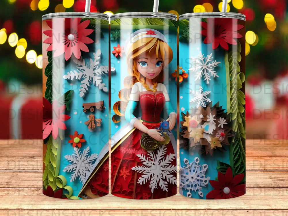 Cartoon girl in red dress with snowflakes and flowers on tumbler.