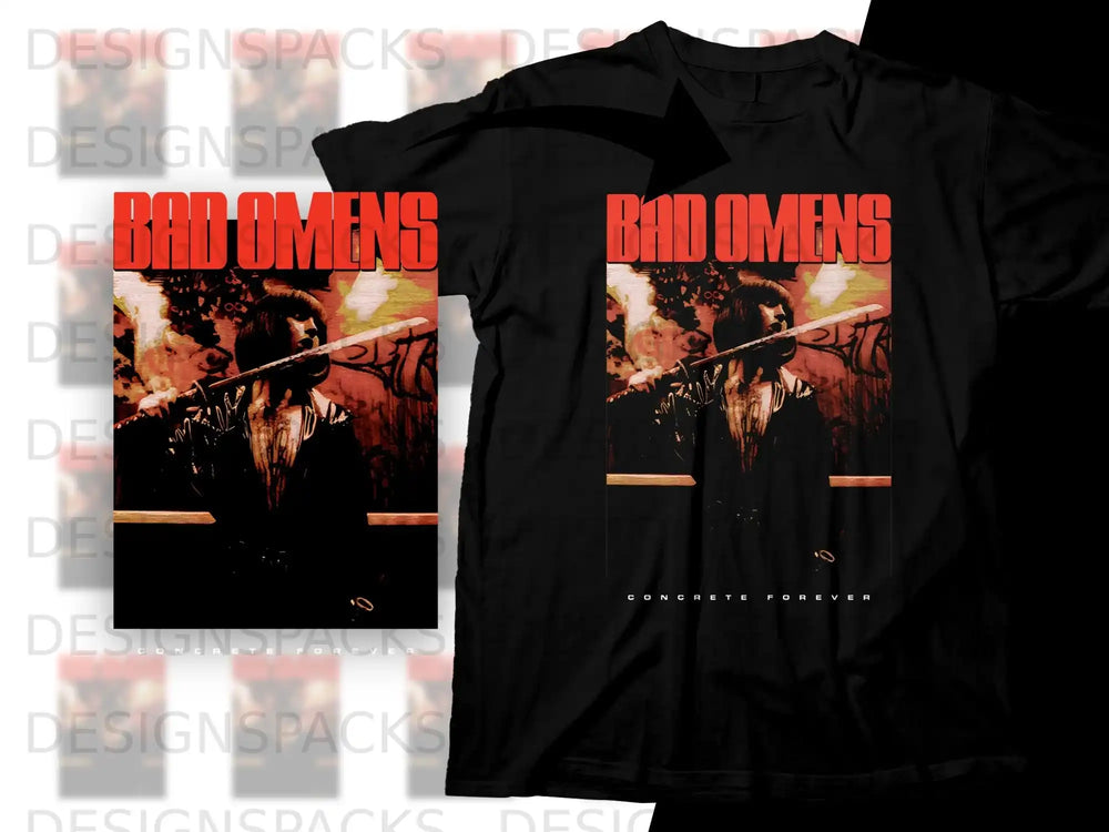 Black t-shirt with "Bad Omens" logo and band member holding sword.