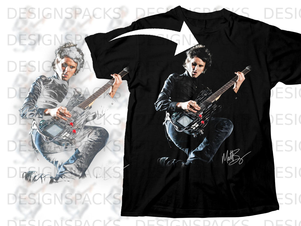Black t-shirt with a graphic of a guitarist playing a custom guitar, signed "Matt B".