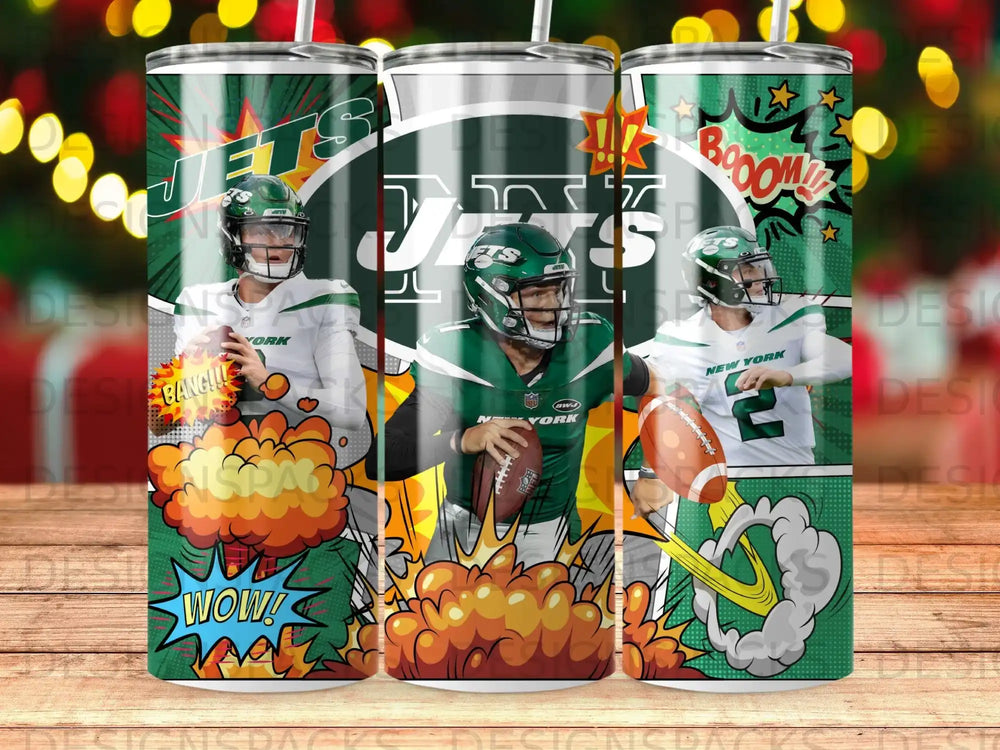 New York Jets football players and team logo on three tumblers.