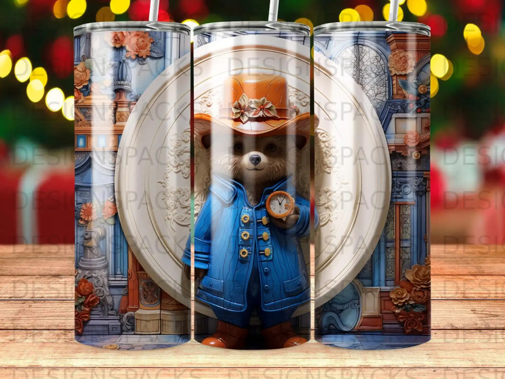 Bear in blue coat and hat holds a pocket watch, detailed background.
