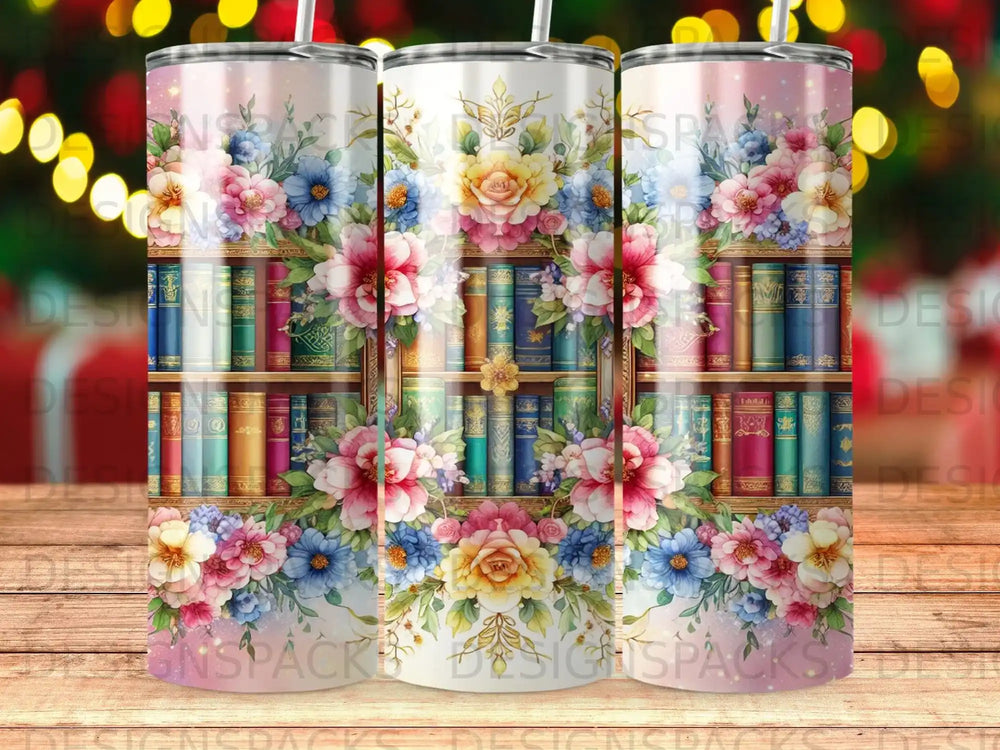 Floral arrangement over a bookshelf of antique books.