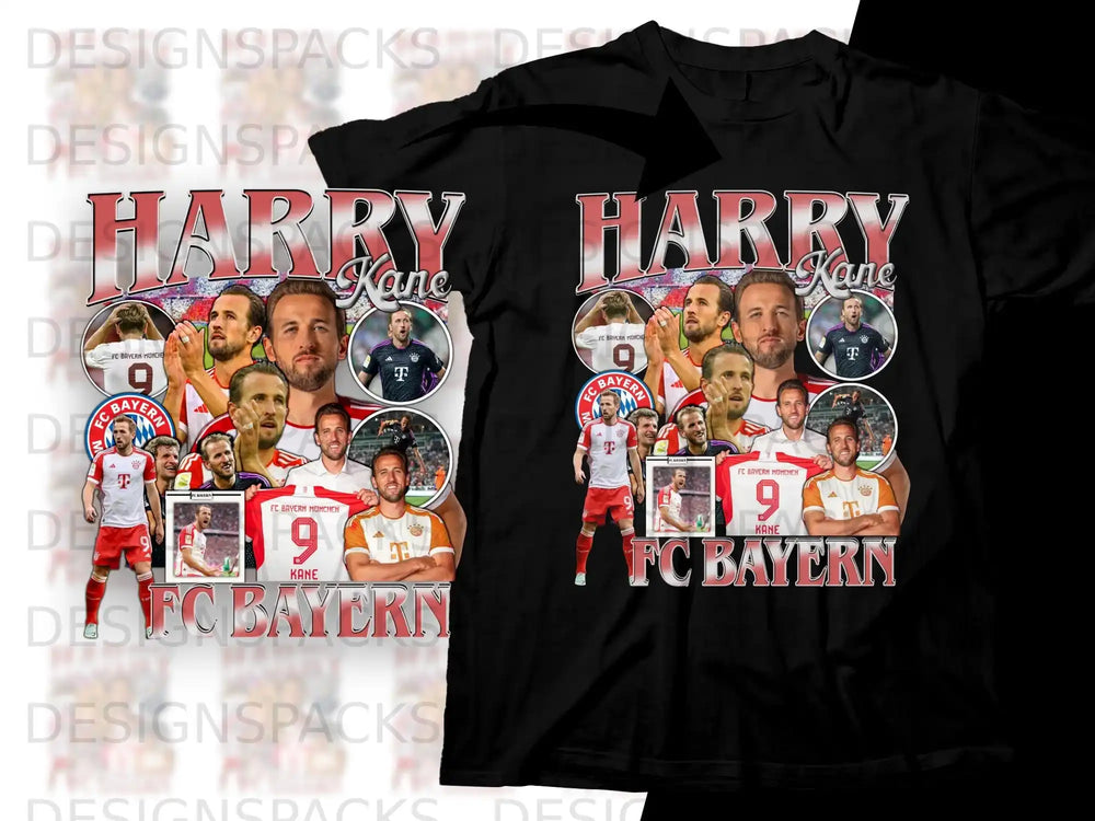 Harry Kane and FC Bayern Munich collage on a black t-shirt.