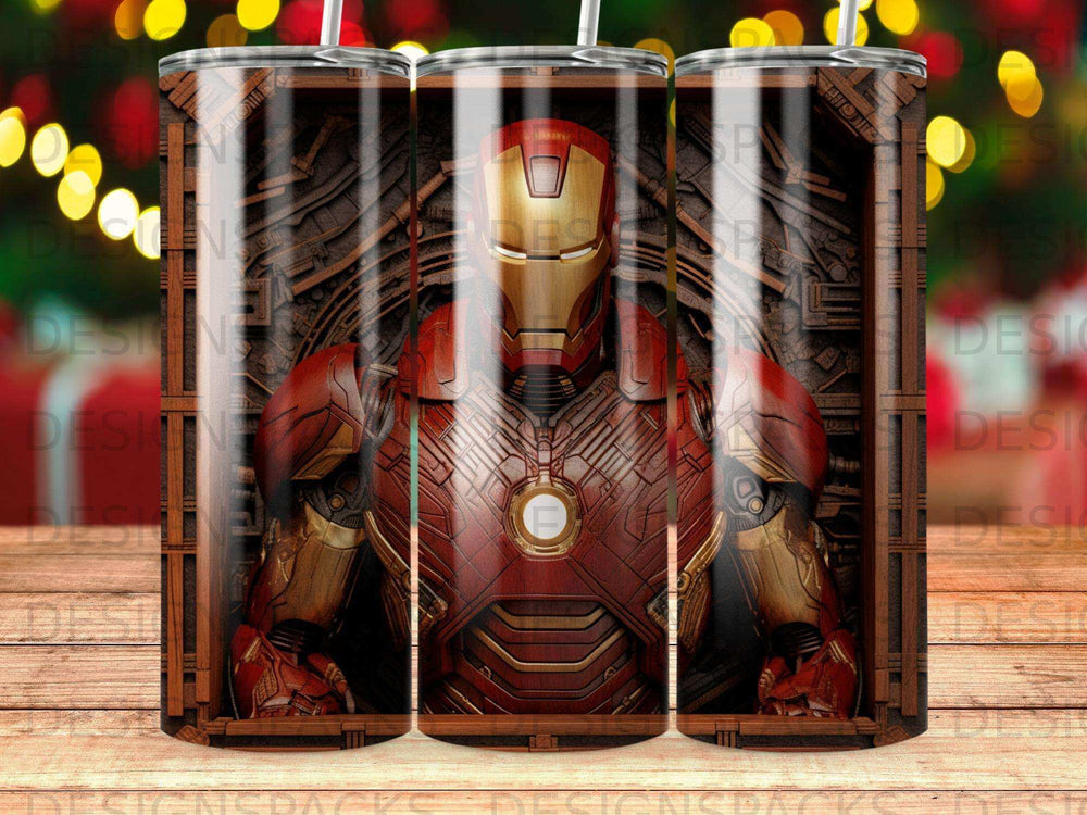 Iron Man armor bust in a sci-fi chamber, full color.