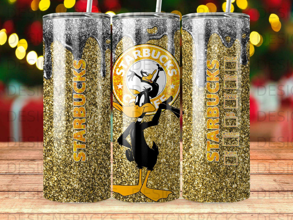 Daffy Duck with Starbucks logo on glitter tumbler.