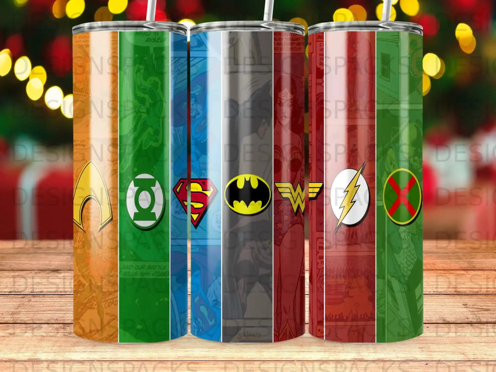 Superhero comic book panels feature Wonder Woman, Batman, and Superman.