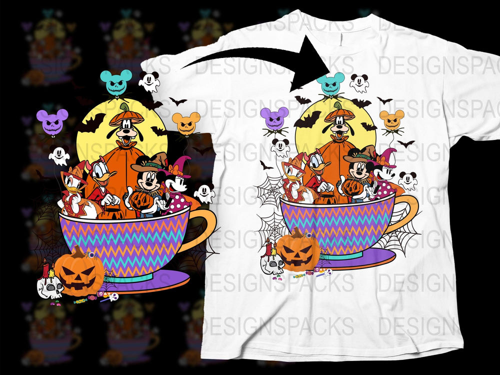 Halloween Coffee Mug T-Shirt, Cute Pumpkin Ghost Design, Colorful Autumn Tee, Spooky Casual Wear for All Ages