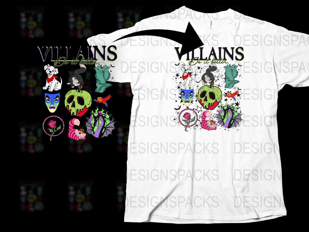 Villains Collage T-Shirt, Colorful Cartoon Villain Characters, Unisex Graphic Tee, Casual Fashion Wear