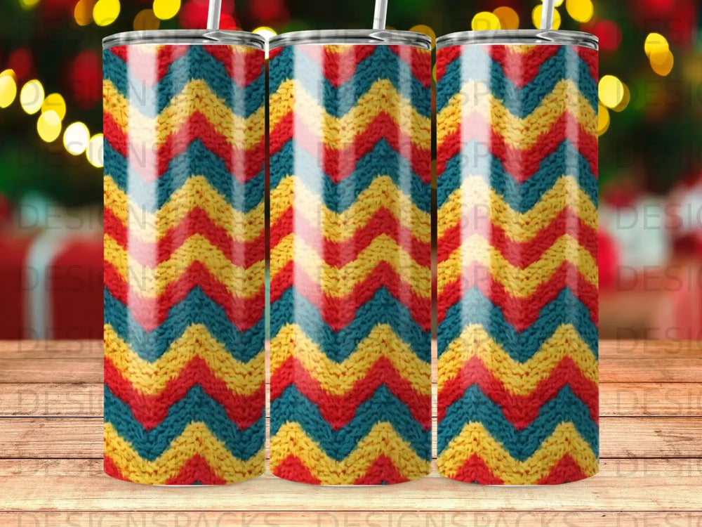 Zigzag chevron pattern in red, yellow, and blue on a tumbler.