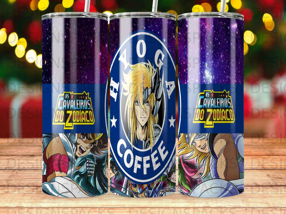 Tumbler with Knights of the Zodiac characters and "Coffee" text.
