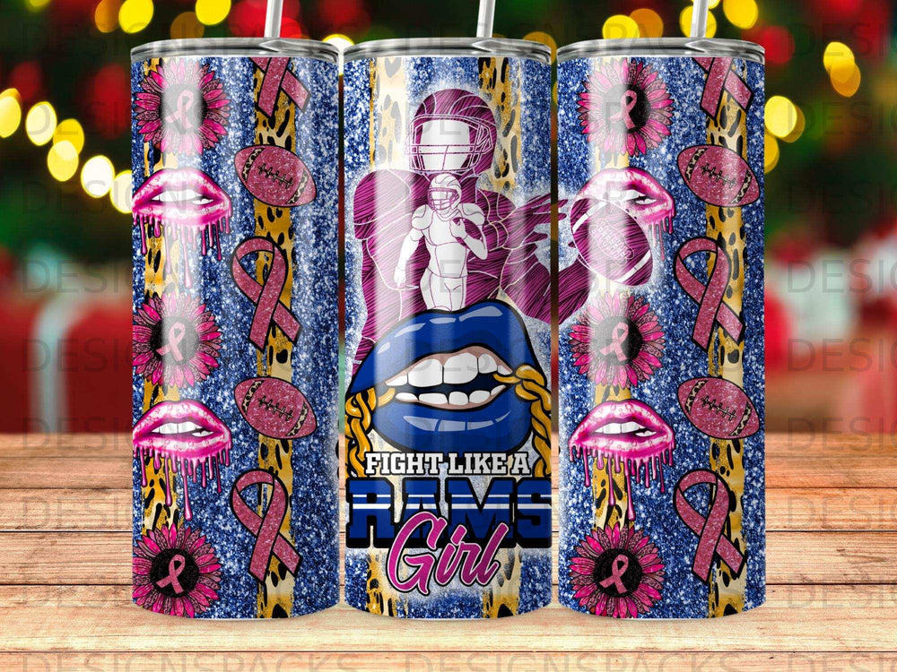 Football player with pink ribbons, lips, and leopard print tumbler design.