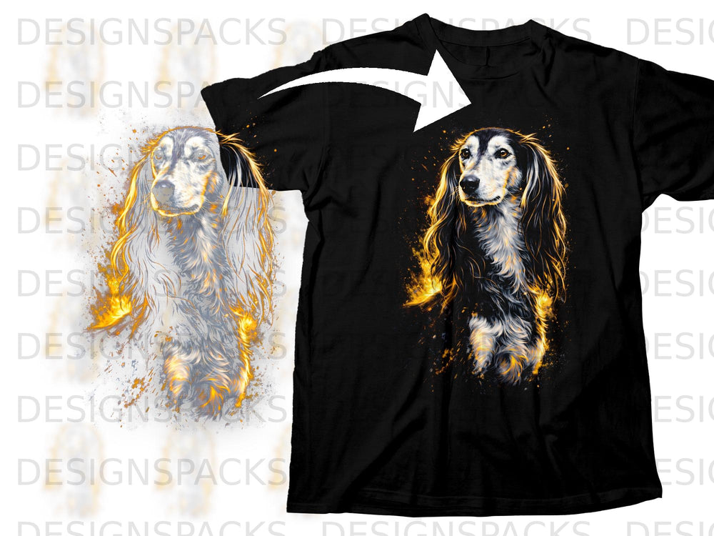 Black t-shirt featuring a vibrant, artistic dog portrait with fiery accents.