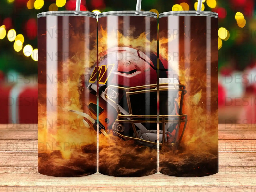 Washington Commanders helmet surrounded by flames.