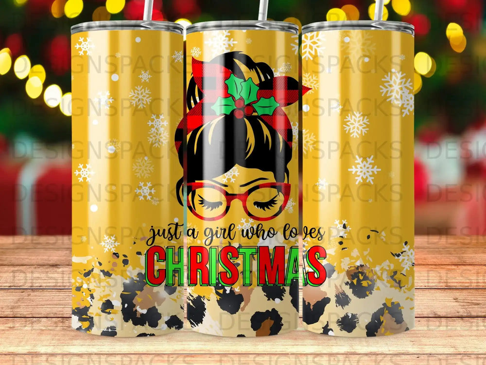 Two tumblers with "Just a girl who loves Christmas" and festive design.