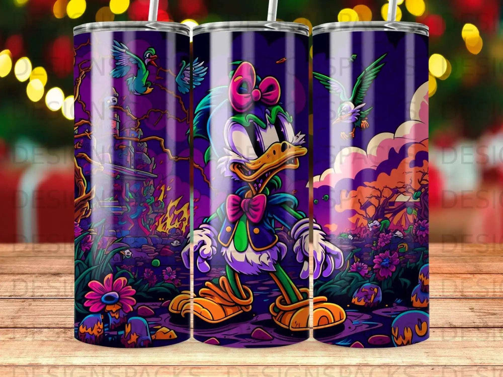Daisy Duck in a purple, spooky forest scene with birds and flowers.