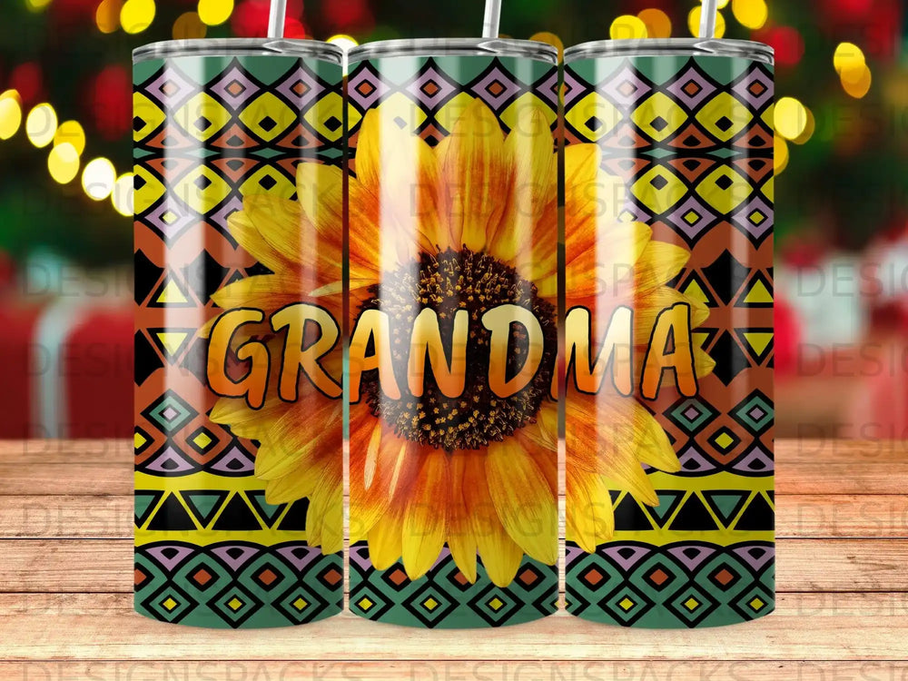 Sunflower and "Grandma" text on a patterned tumbler with green, yellow, and orange geometric designs.