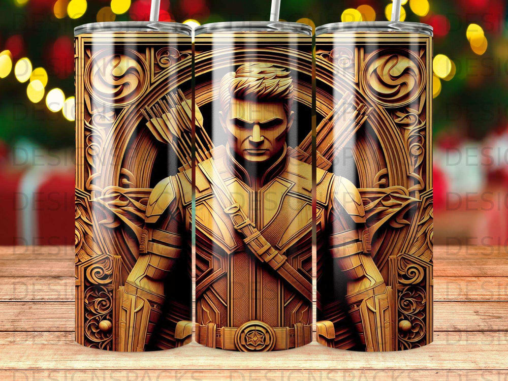 Hawkeye character art with bow and arrows, embossed gold on a tumbler.