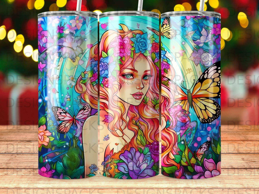 Woman with flowing hair and butterflies, surrounded by colorful flowers.