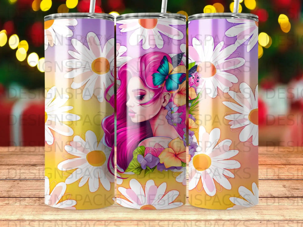 Tumbler with woman's profile, flowers, and butterfly design.