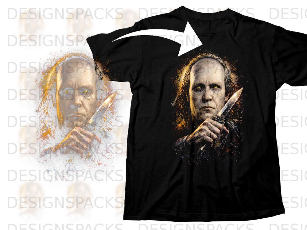 Black t-shirt with a grim man holding a dagger printed on the front.