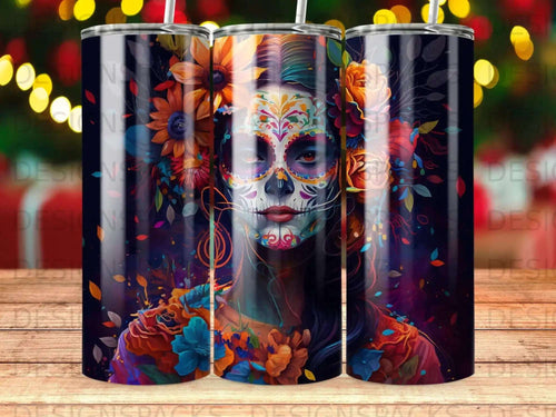 Day of the Dead skull woman with colorful flowers and dark background.
