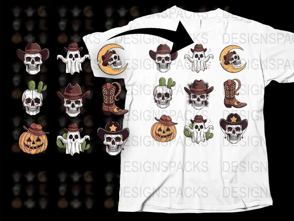 Halloween T-Shirt with Cowboy Skulls, Cacti, and Pumpkins, Spooky Western Graphic Tee