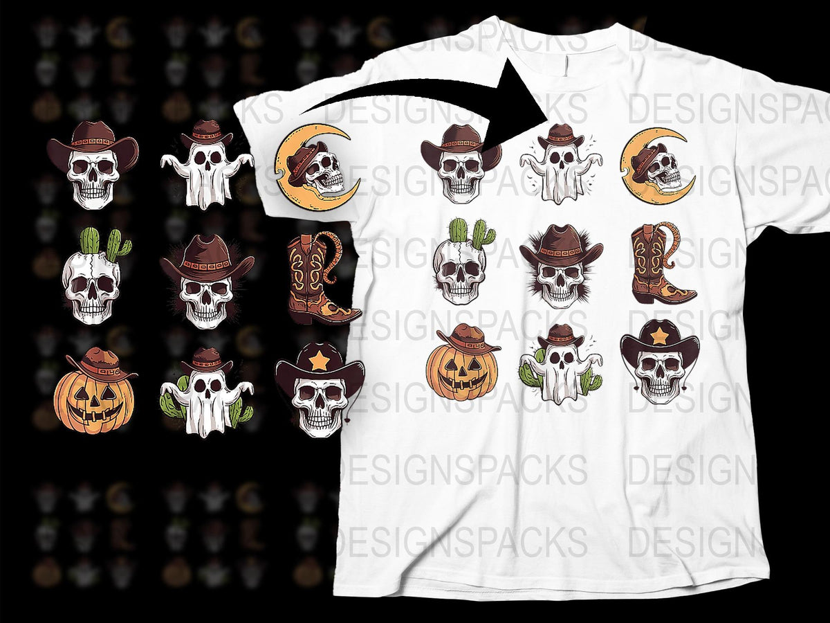 Halloween T-Shirt with Cowboy Skulls, Cacti, and Pumpkins, Spooky Western Graphic Tee