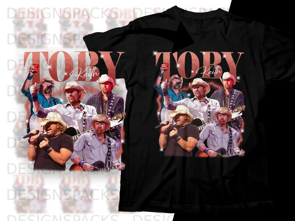 Toby Keith performing live with microphone and guitar, in concert attire.