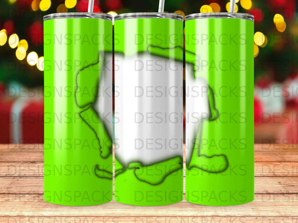 Three overlapping tumblers with a green and white striped design and "DESIGNSPACKS" text.