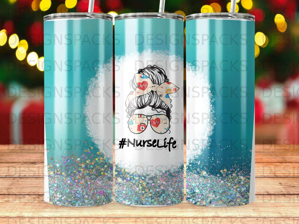 Tumbler with #NurseLife design featuring a woman with a bun and medical cross.