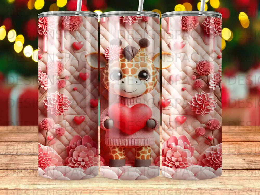 Cute cartoon giraffe holding a red heart, surrounded by pink flowers and hearts.