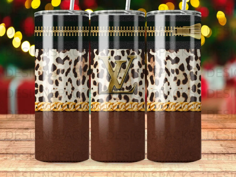 Tumbler with leopard print, gold chain, and LV logo.