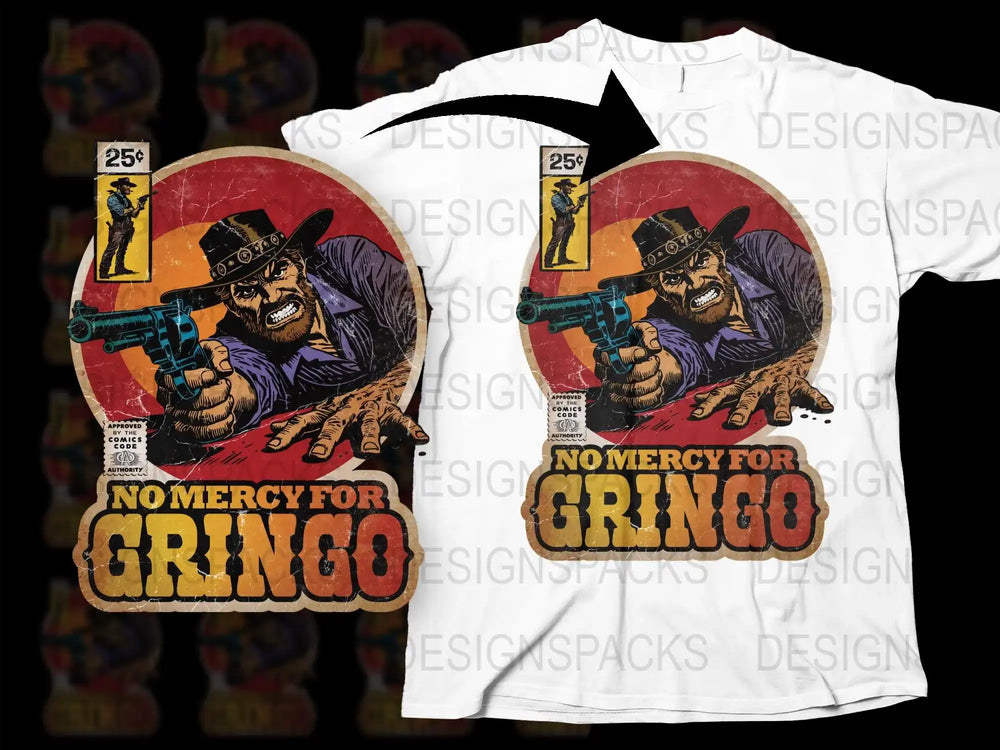 Vintage Western T-Shirt, No Mercy For Gringo, Cowboy Graphic Tee, Retro Movie Poster Design, Unique Men's Fashion