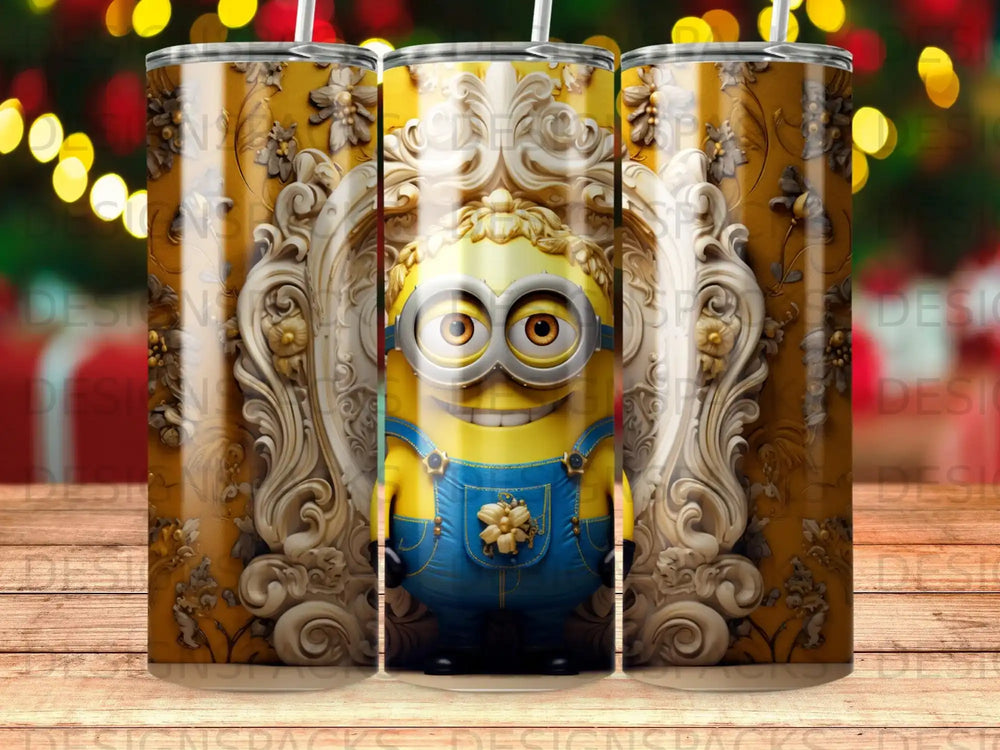 Yellow Minion character wearing blue overalls in ornate gold frame.