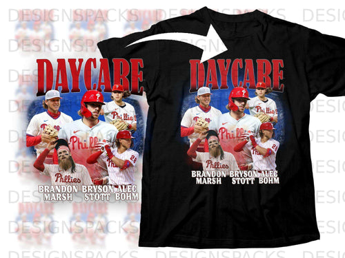 Philadelphia Phillies baseball players Brandon Marsh, Bryson Stott, Alec Bohm on t-shirt.