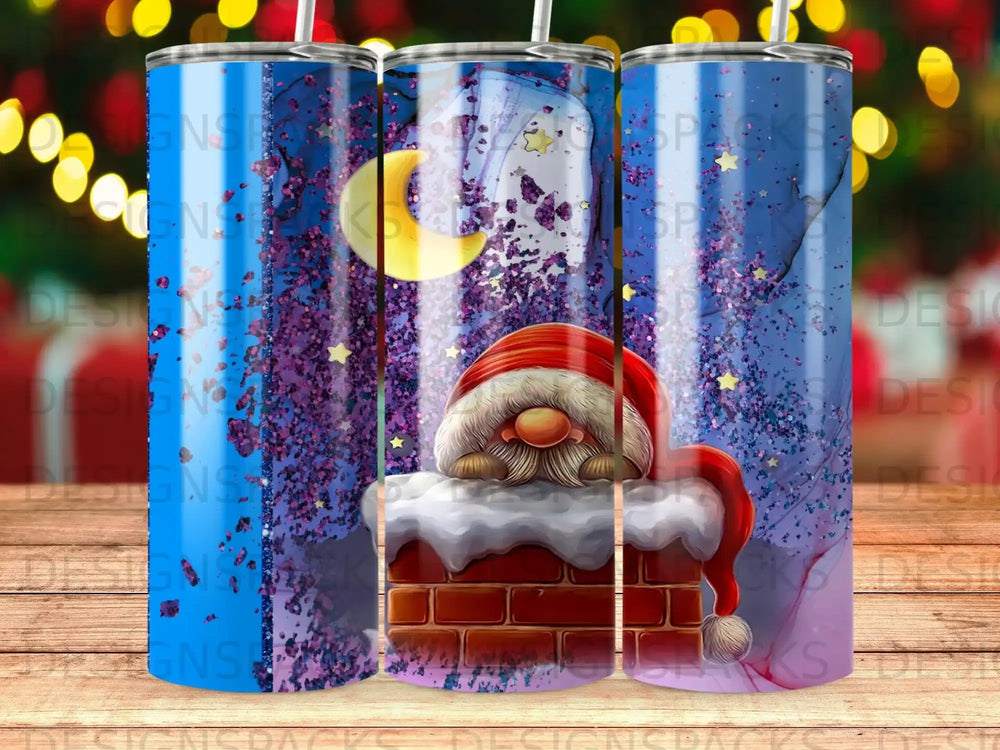 Christmas gnome sleeping on chimney under crescent moon and starry sky.