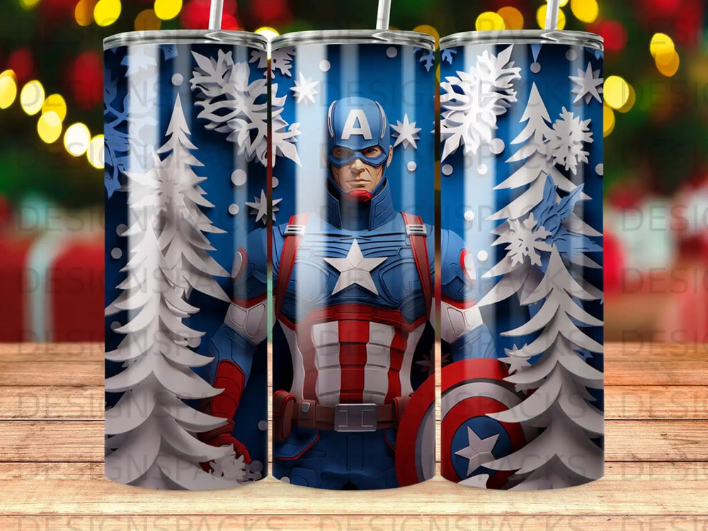 Captain America in costume, surrounded by snow-covered trees and snowflakes.